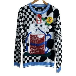 Blizzard Bay Women's Sweater Black Check Holiday Cat Embroidered Fleece Size M